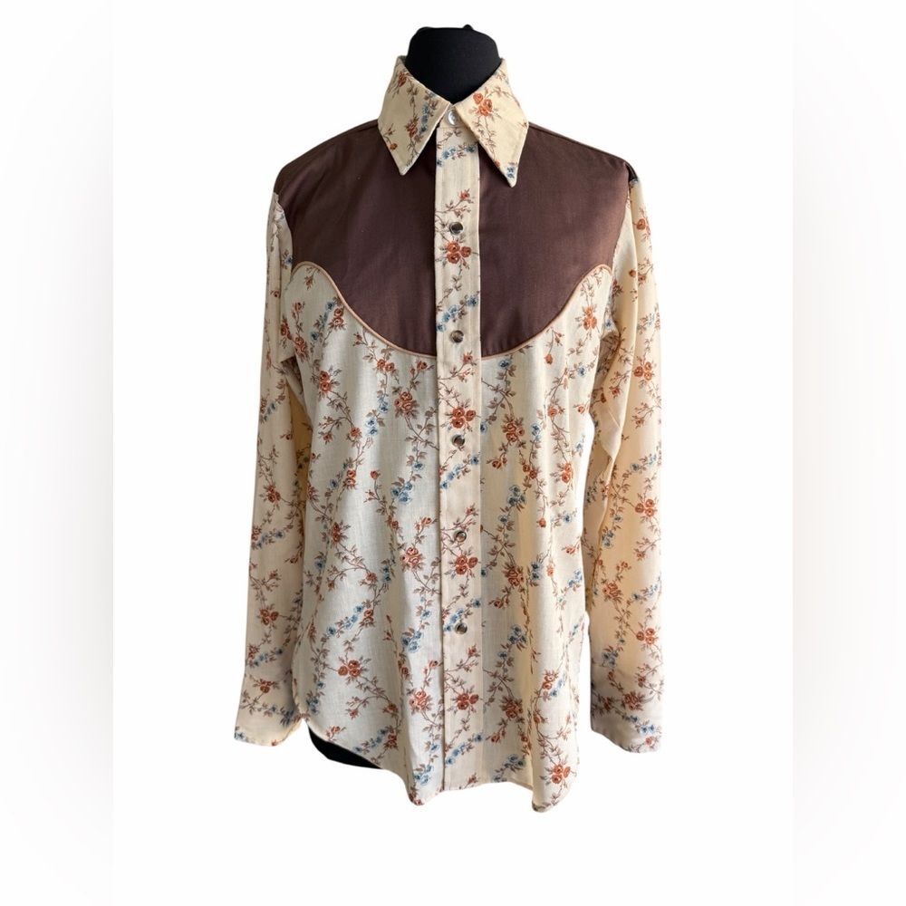 Sears Western Wear Floral Vintage Button Shirt Womens Small Brown Yoke Cowboy